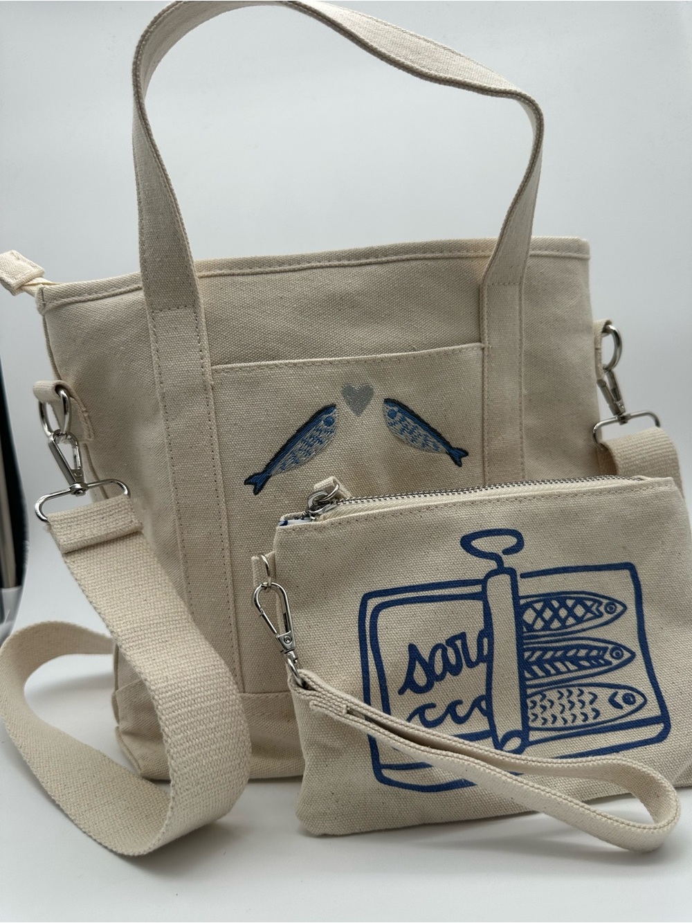 C&C California Sardine Fish Canvas Tote Crossbody Wristlet Coastal Bag